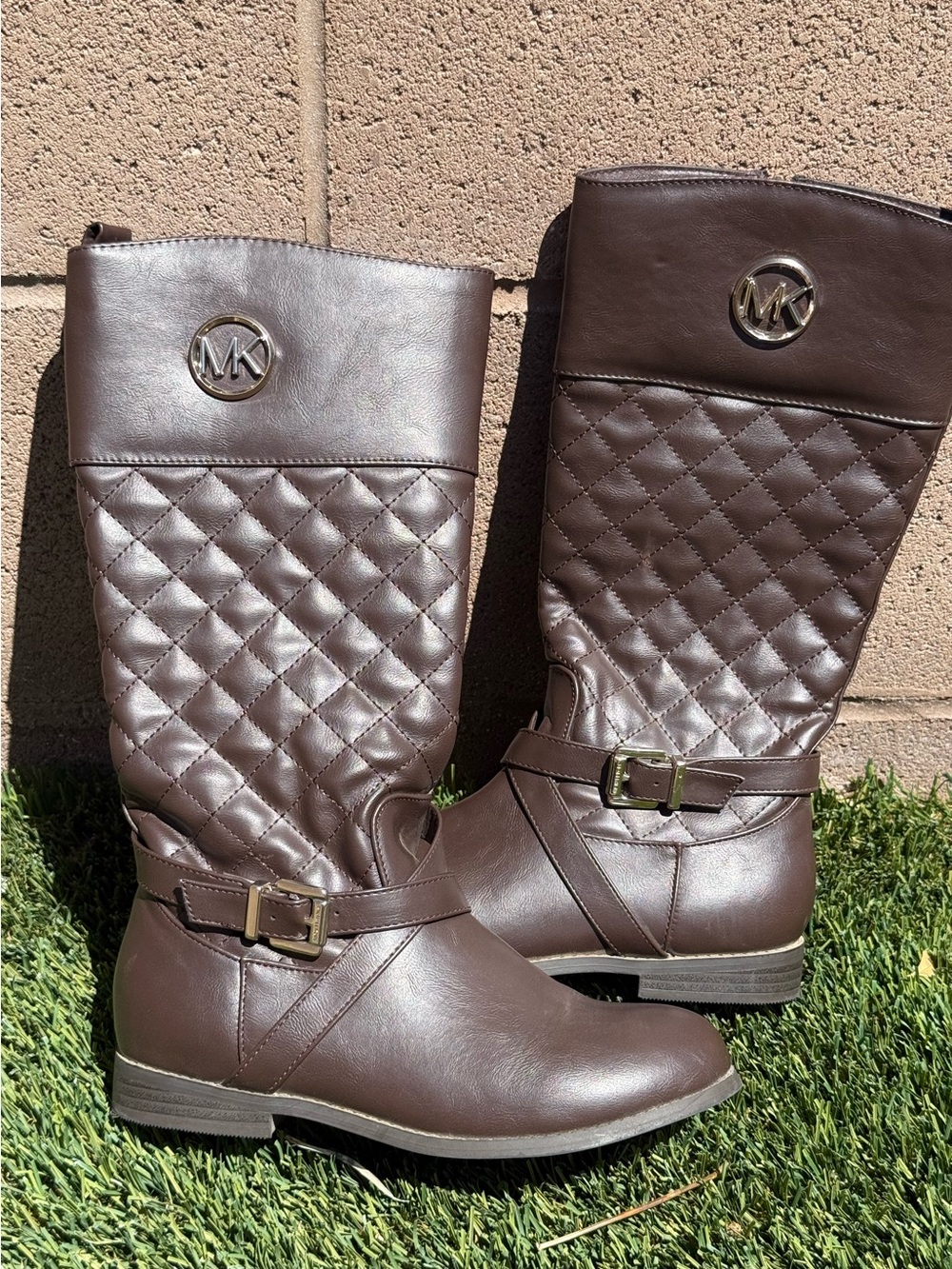 Michael Kors Quilted Tall Riding Boots in Brown with Gold MK Emblem - Size 3